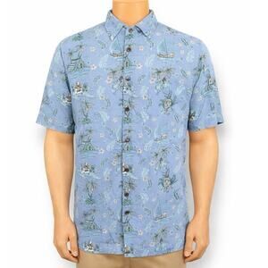 Vintage Big Dogs Shirt Shirt Blue Collared Button Front Hawaiian Palm Printed